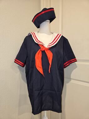 Music Legs Sailor Costume Top Size L Navy Blue White Red Stripe Cosplay 2 Pc